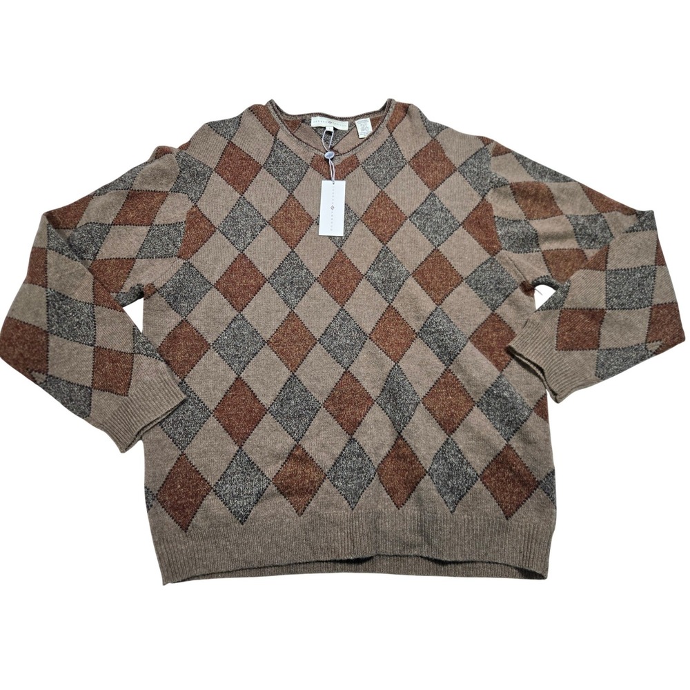 Joseph Abboud Mens‎ Argyle V-Neck Sweater 100% Lambswool Brown Tan Large NWT